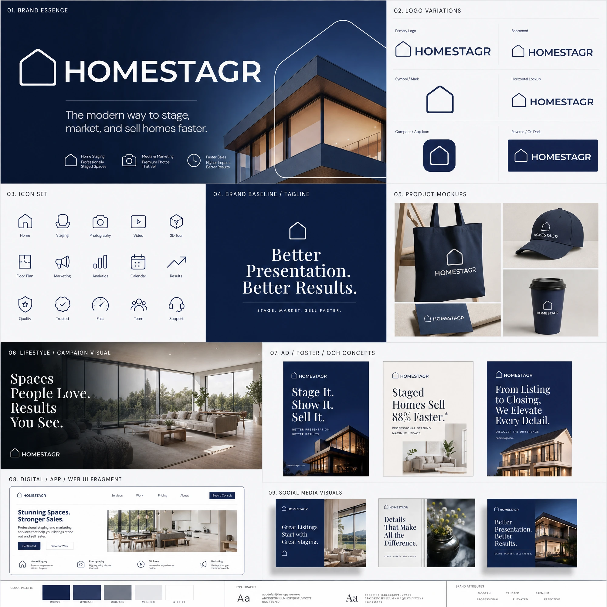Homestagr brand board — logo variations, icon set, tagline, product mockups, ad and social media concepts