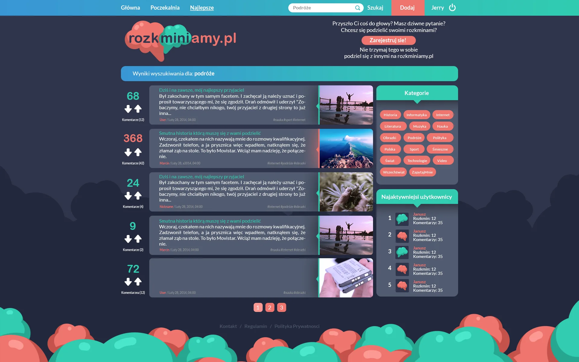 The rozkminiamy.pl homepage in 2014: a dark feed of voted posts, categories, and the sign-up pitch “Przyszło Ci coś do głowy?”